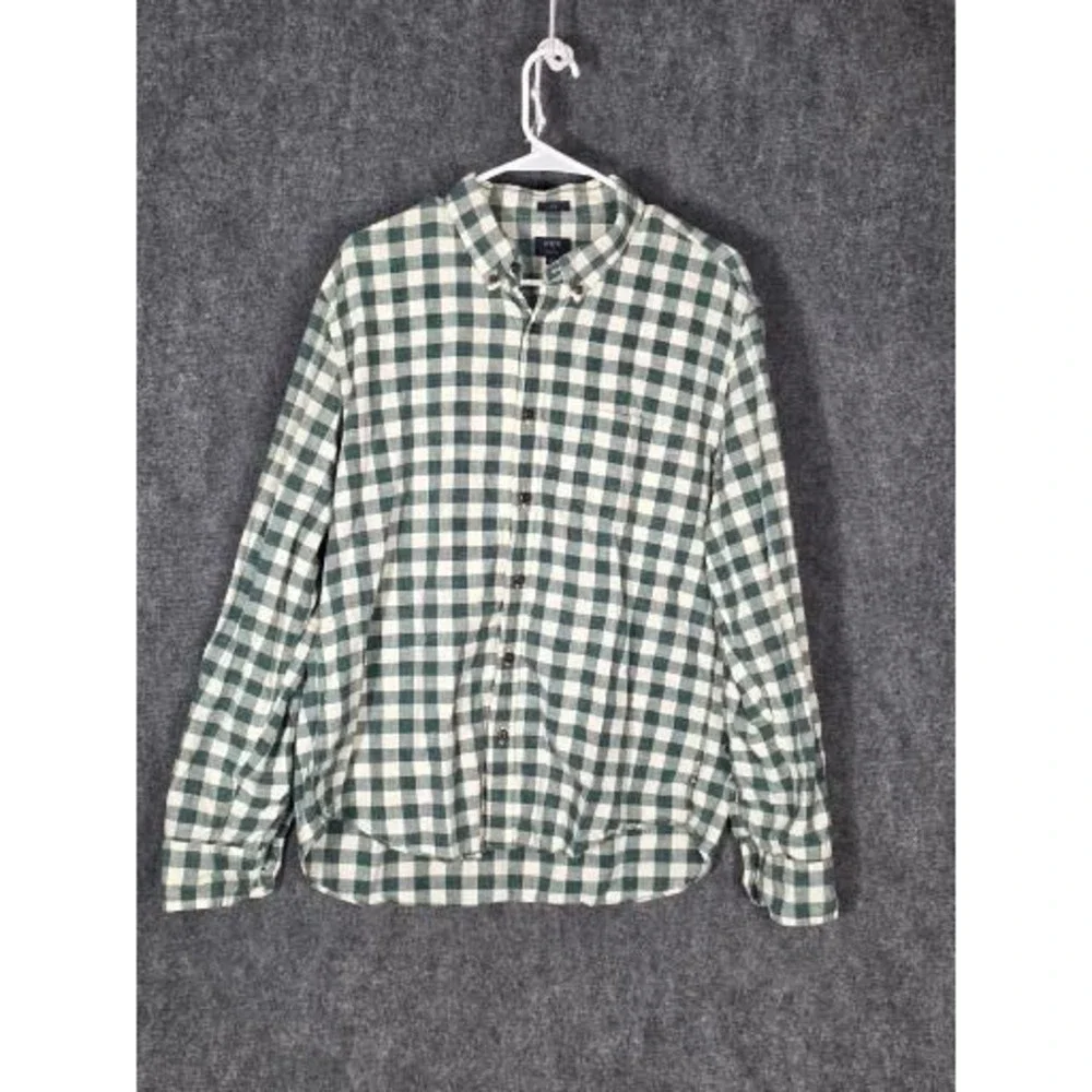 J. Crew Homespun‎ Gingham Button Down Shirt Mens XL Slim Fit Green White Plaid